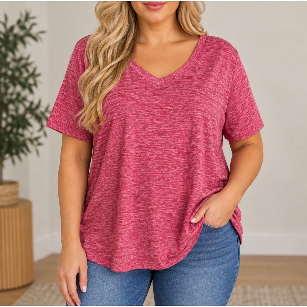Unbranded V-Neck T-Shirt XL Pink Good Space Dye Heathered Short Sleeve Top